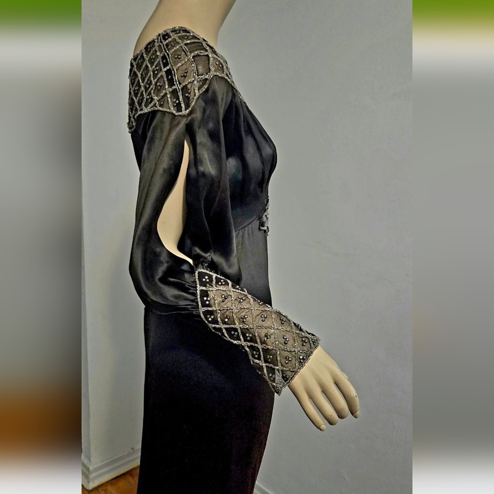 Exquisite 1920s Antique Bias Silk Beaded  Black Evening Dress - Picture 7 of 8